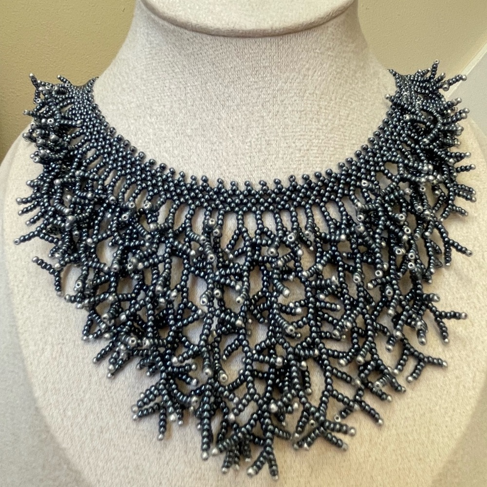 Handmade Fridge Seed Beaded Necklace, Silver Branch Choker Necklace, Statement